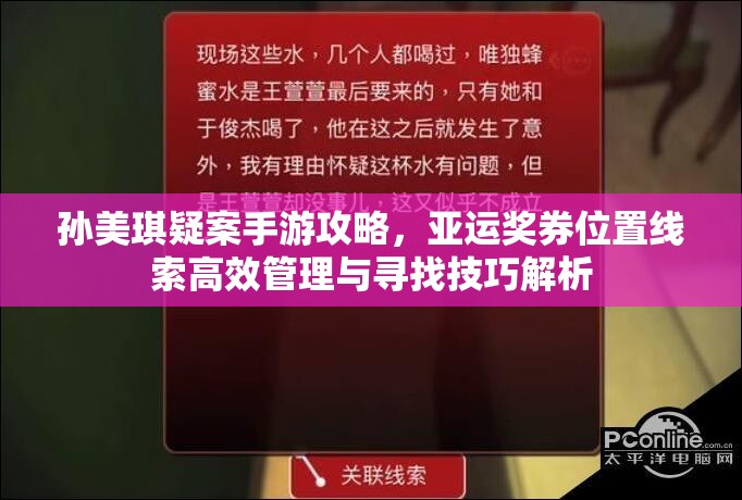 孙美琪疑案手游攻略，亚运奖券位置线索高效管理与寻找技巧解析