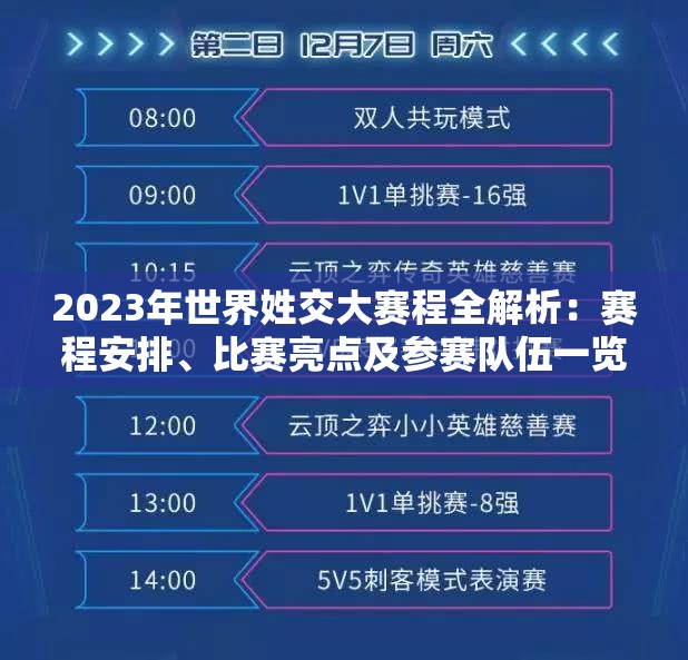 2023年世界姓交大赛程全解析：赛程安排、比赛亮点及参赛队伍一览