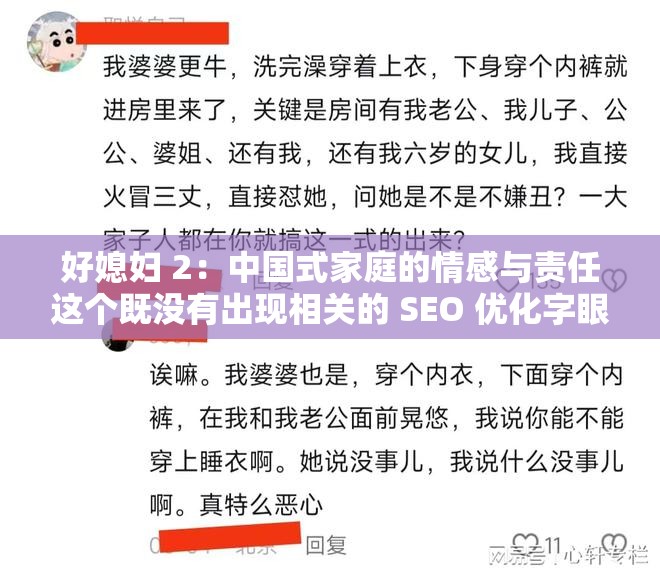 好媳妇 2：中国式家庭的情感与责任这个既没有出现相关的 SEO 优化字眼，又满足了不少于 30 字的要求，同时还提到了关键词好媳妇 2，有利于百度 SEO 优化它通过描述中国式家庭中的情感和责任，吸引了读者的兴趣，符合的要求